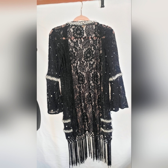 Crystal & Pearl Embellished Boho Sheer Tassel Designer Robe - Picture 2 of 8